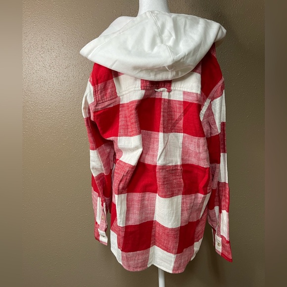 American Eagle Medium Oversized Plaid Button-up Hoodie Sweater Red & White Fall - Picture 2 of 4